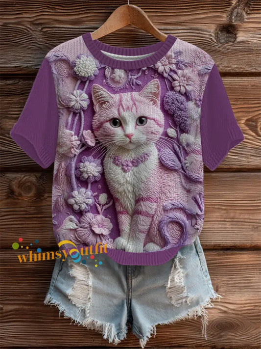 Women’s Cat Print Art Cozy Knit Top As picture / S