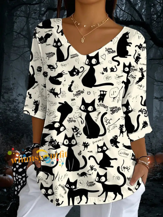 Women’s Cat Print Casual Half Sleeve Top As picture / S