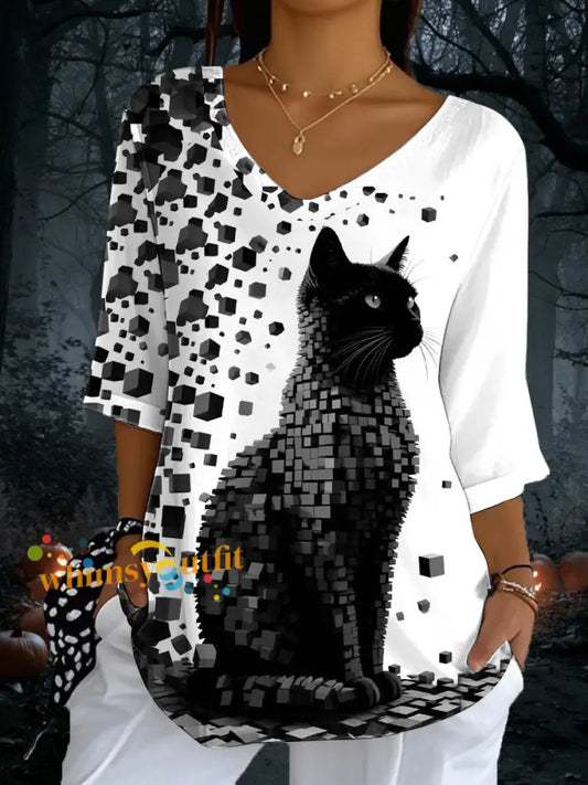 Women’s Cat Print Casual Half Sleeve Top As picture / S