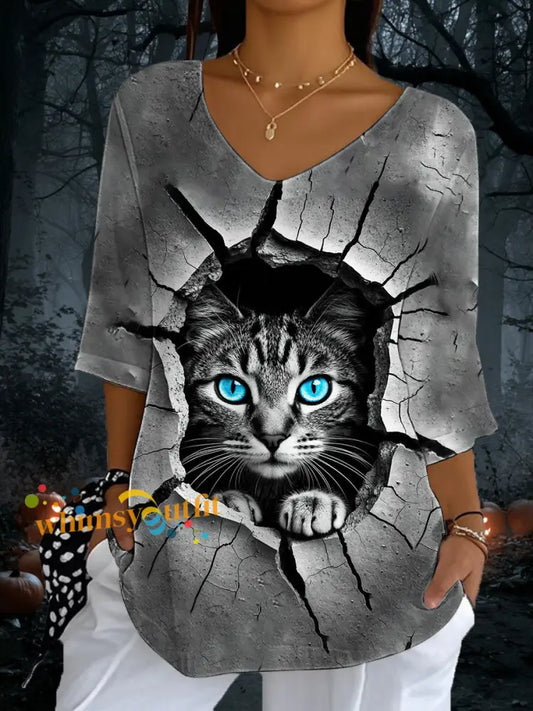 Women’s Cat Print Casual Half Sleeve Top As picture / S