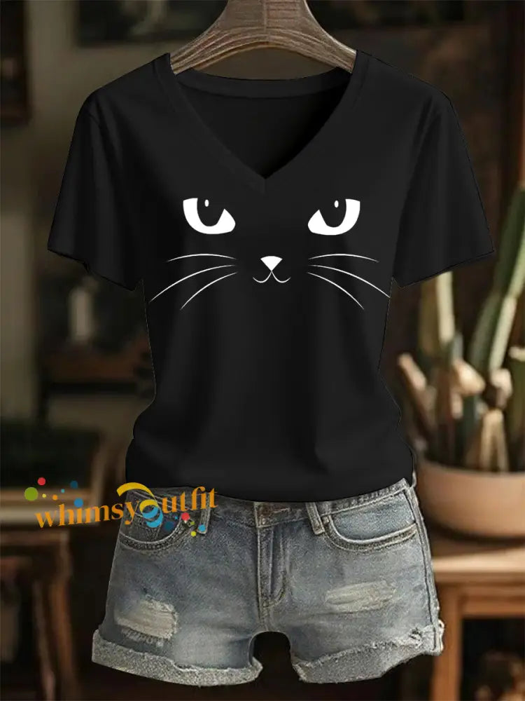 Women’s Cat Print Casual V Neck Tee