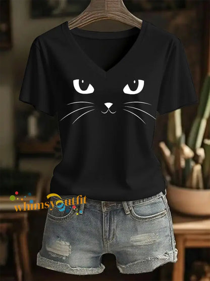 Women’s Cat Print Casual V Neck Tee