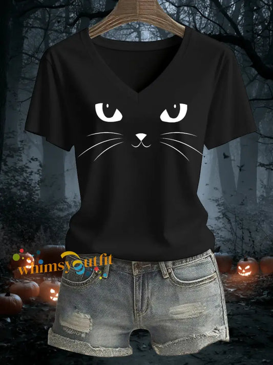 Women’s Cat Print Casual V Neck Tee Black / S