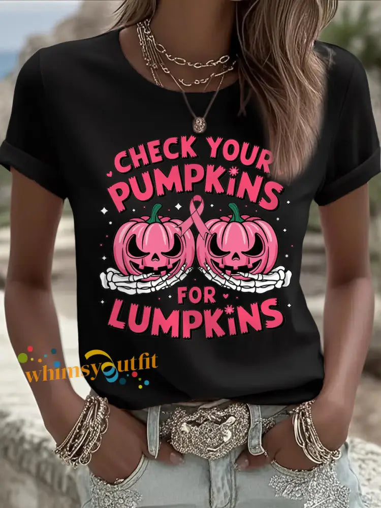Women’s Check Your Pumpkins For Lumpkins Halloween Breast Cancer Awareness Tee Black / S