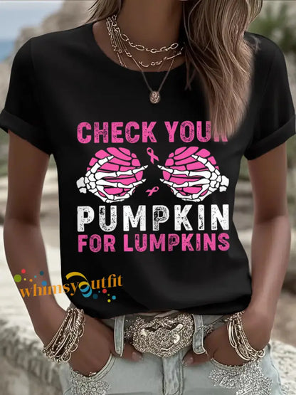 Women’s Check Your Pumpkins For Lumpkins Halloween Breast Cancer Awareness Tee Black / S