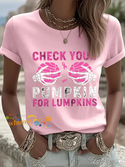 Women’s Check Your Pumpkins For Lumpkins Halloween Breast Cancer Awareness Tee Light Pink / S