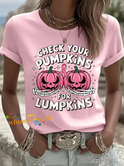 Women’s Check Your Pumpkins For Lumpkins Halloween Breast Cancer Awareness Tee Light Pink / S