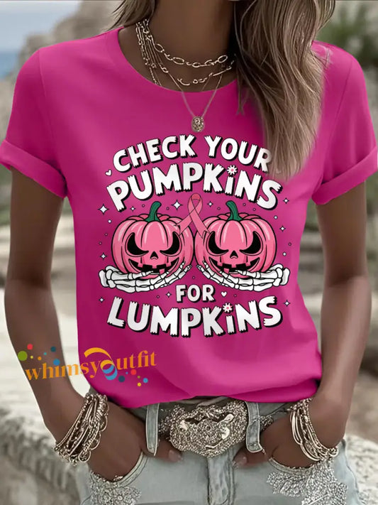 Women’s Check Your Pumpkins For Lumpkins Halloween Breast Cancer Awareness Tee Rose Red / S
