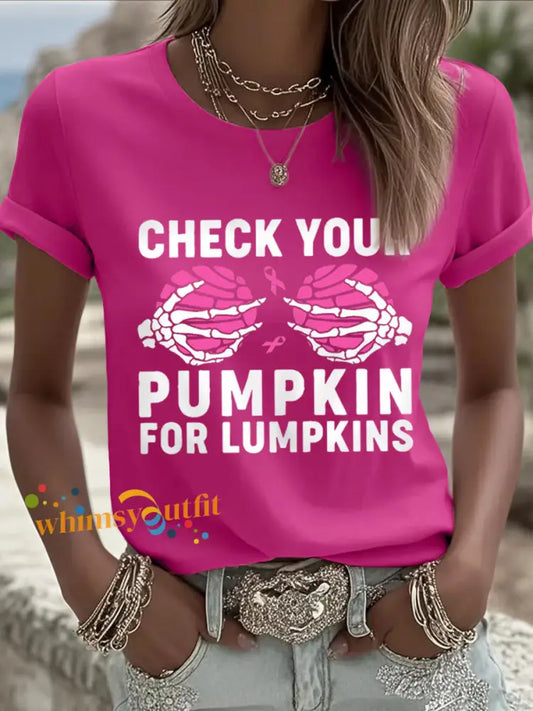Women’s Check Your Pumpkins For Lumpkins Halloween Breast Cancer Awareness Tee Rose Red / S