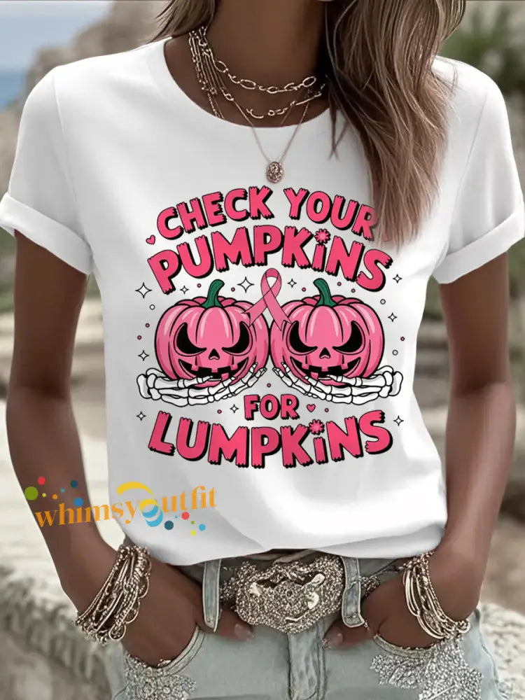 Women’s Check Your Pumpkins For Lumpkins Halloween Breast Cancer Awareness Tee White / S
