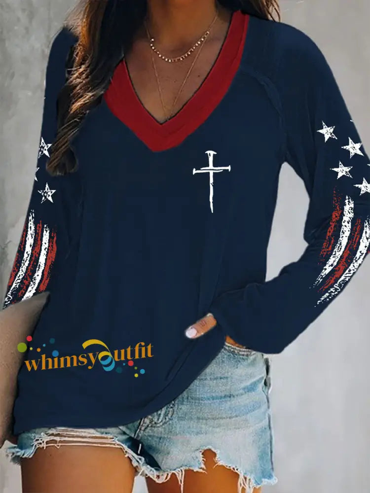 Women’s Christian Cross Double Layer Neck Long Sleeve T-Shirt Navy Blue / S