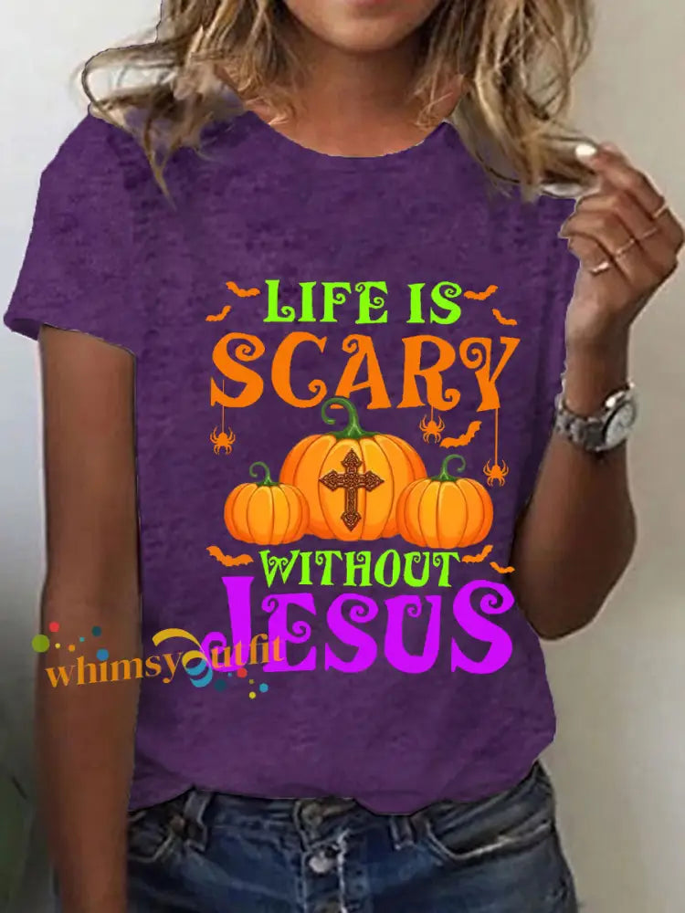 Women’s Christian Halloween Life Is Scary Without Jesus Cross Short Sleeve T Shirt Deep Purple / S