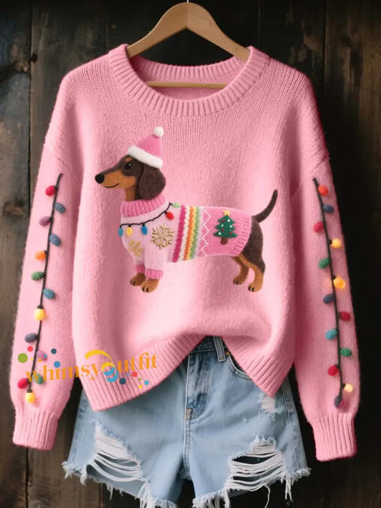 Women’s Christmas Dachshund Felt Art Cozy Knit Sweater Pink / S