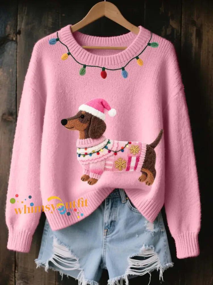 Women’s Christmas Dachshund Felt Art Cozy Knit Sweater Pink / S