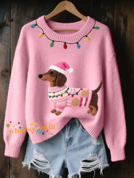 Women’s Christmas Dachshund Felt Art Cozy Knit Sweater Pink / S