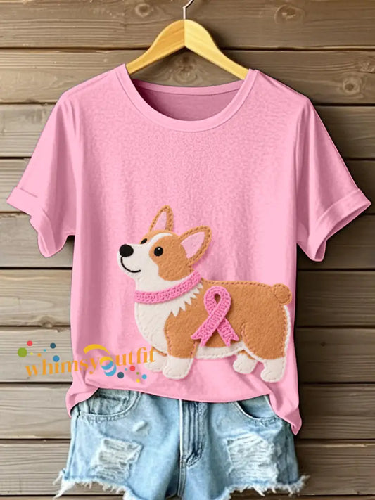 Women’s Cute Corgi Pattern Felt Art T Shirt Pink / S
