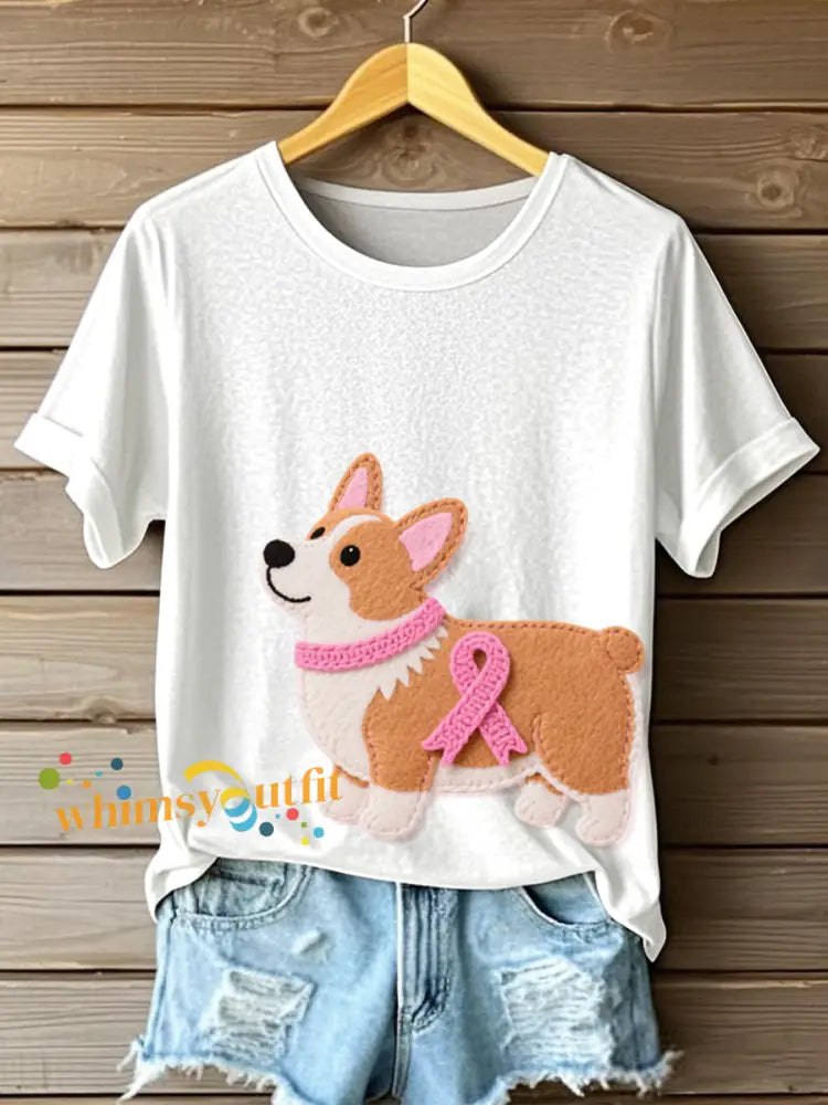 Women’s Cute Corgi Pattern Felt Art T Shirt White / S