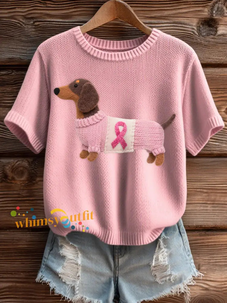 Women’s Cute Dachshund Pattern Felt Art Cozy Knit Top Pink / S