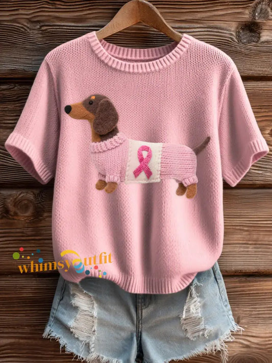 Women’s Cute Dachshund Pattern Felt Art Cozy Knit Top Pink / S
