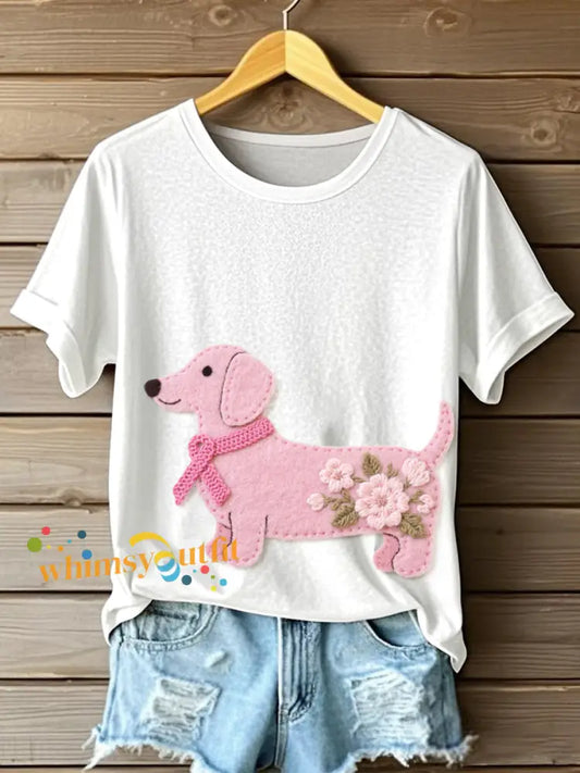 Women’s Cute Dachshund Pattern Felt Art T Shirt White / S
