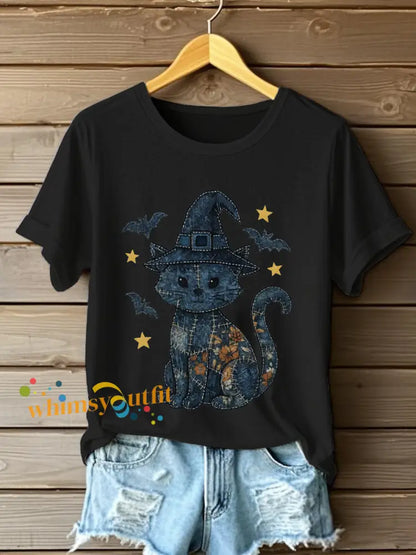 Women’s Denim Floral Cat Print Casual T shirt Black / S