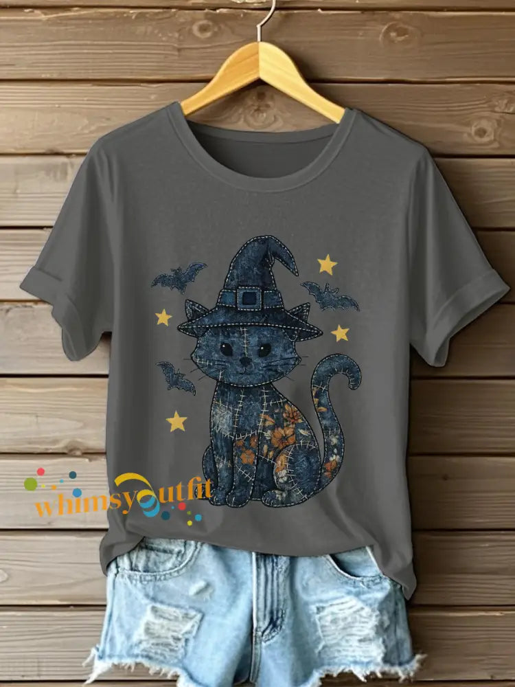 Women’s Denim Floral Cat Print Casual T shirt Dark Gray / S