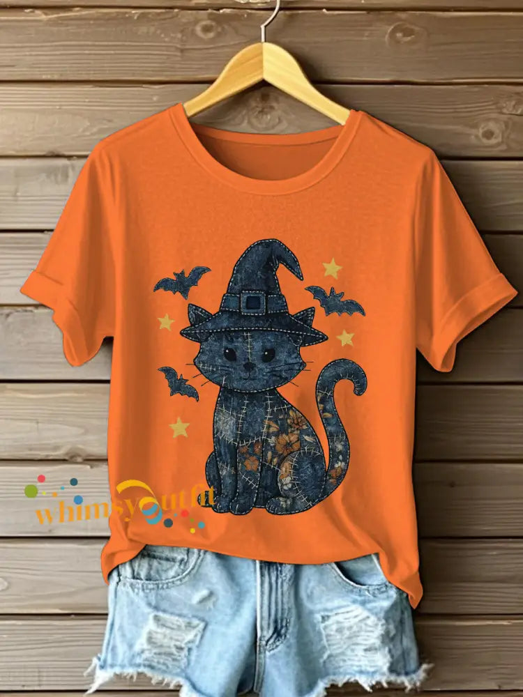 Women’s Denim Floral Cat Print Casual T shirt Orange / S