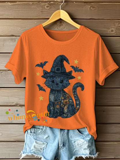 Women’s Denim Floral Cat Print Casual T shirt Orange / S