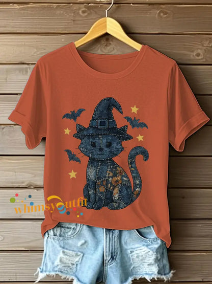 Women’s Denim Floral Cat Print Casual T shirt Pumpkin Orange / S
