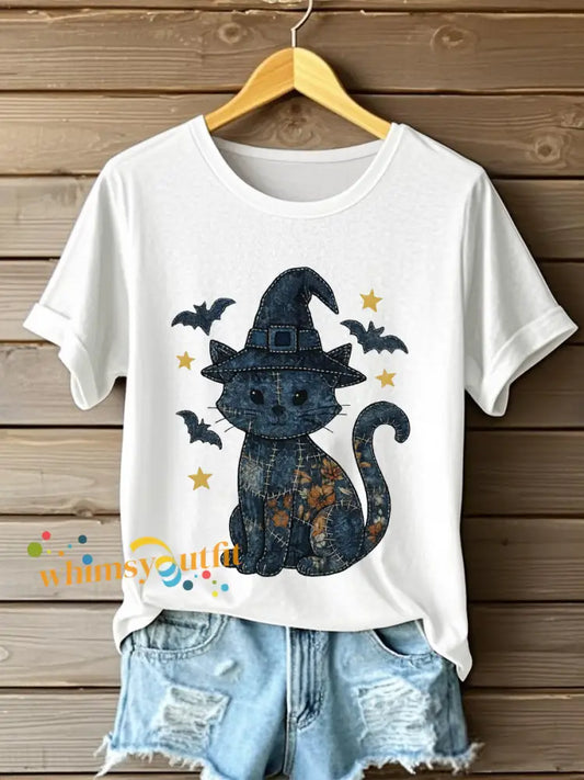 Women’s Denim Floral Cat Print Casual T shirt White / S