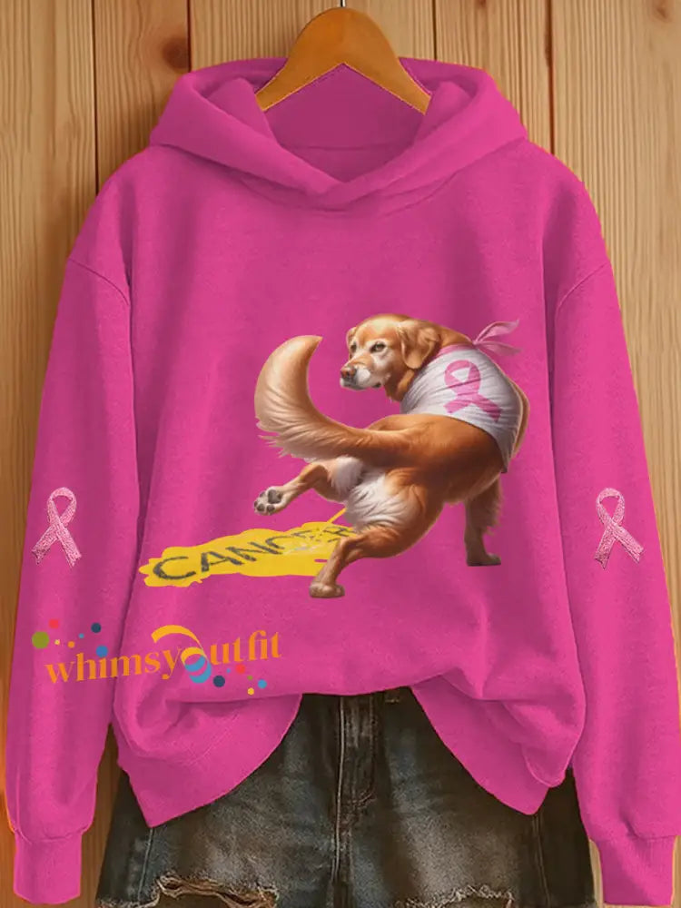 Women’s Dog Pink Ribbon Print Casual Hoodie Rose Red / S