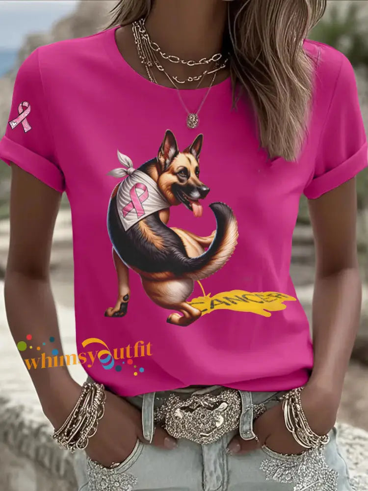 Women’s Dog Pink Ribbon Print Casual T shirt Rose Red / S