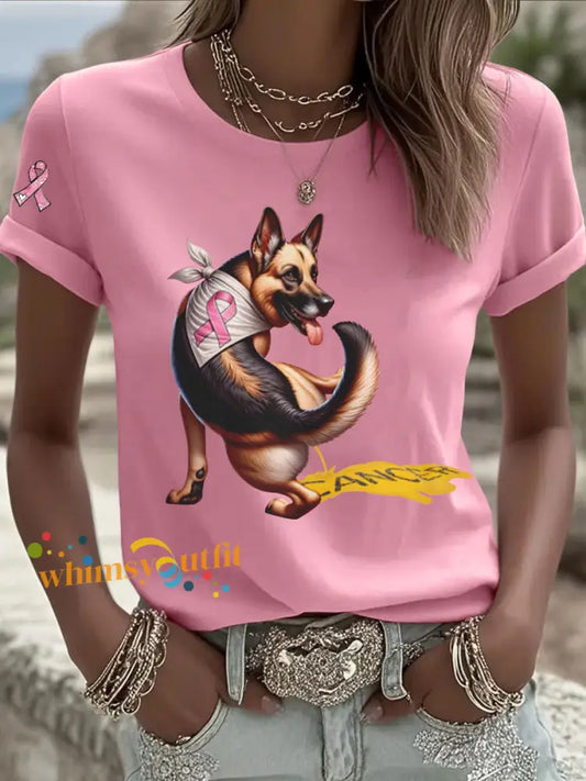 Women’s Dog Pink Ribbon Print Casual T shirt Pink / S