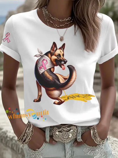 Women’s Dog Pink Ribbon Print Casual T shirt White / S