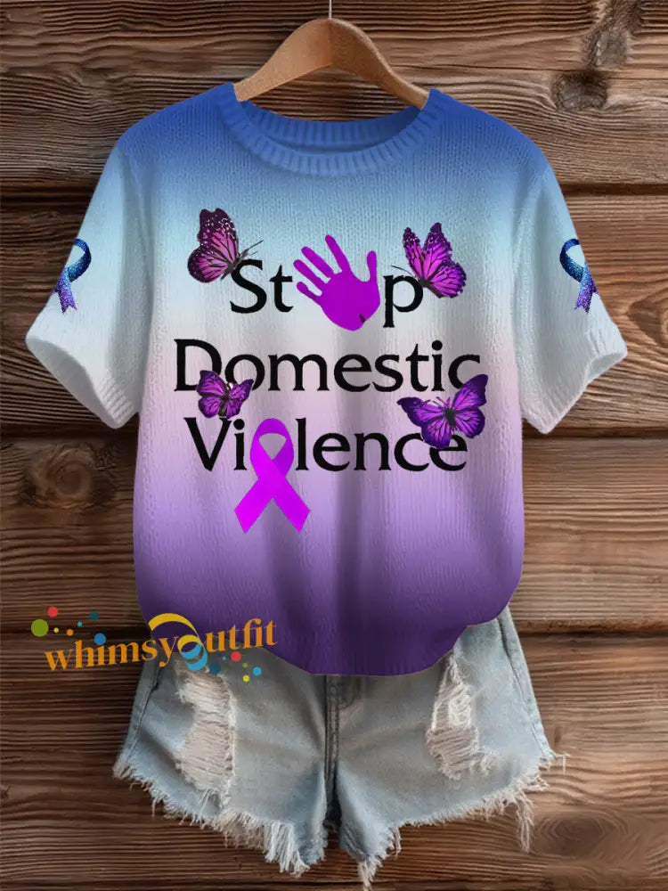 Women’s Domestic violence prevention and treatment Printed short sleeved sweater As picture / S