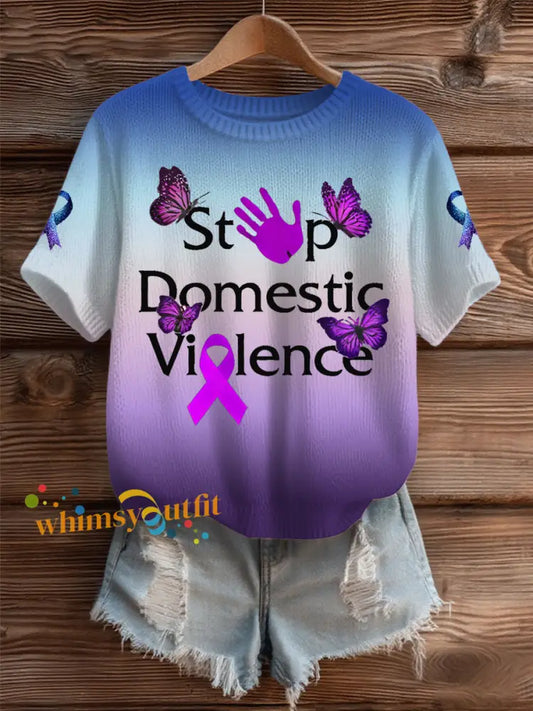 Women’s Domestic violence prevention and treatment Printed short sleeved sweater As picture / S