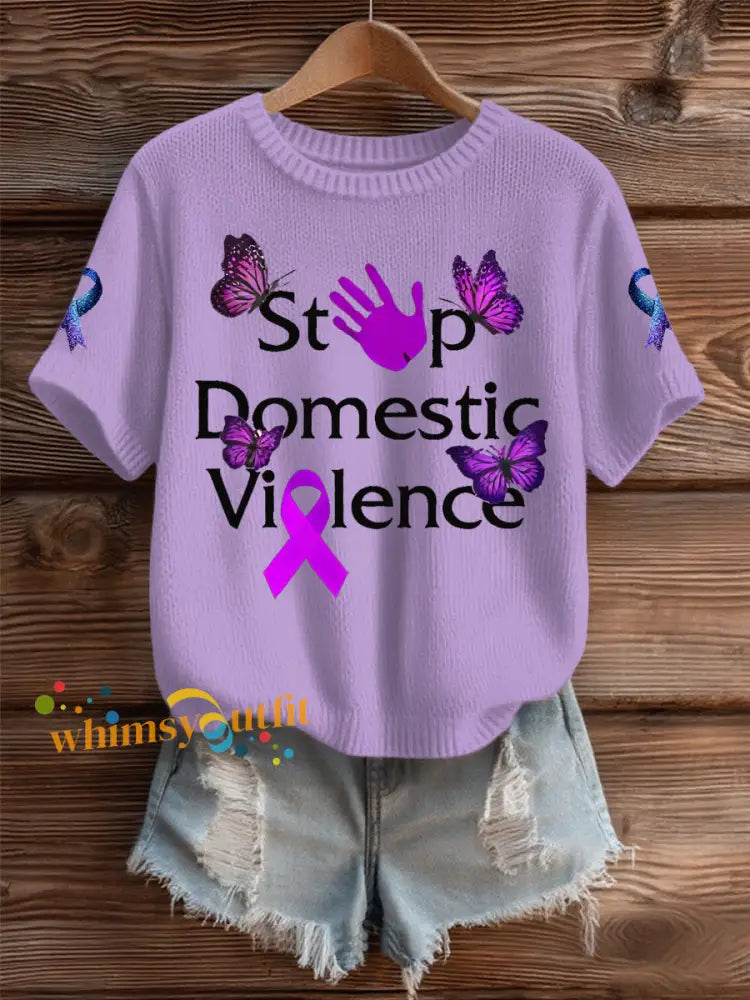 Women’s Domestic violence prevention and treatment Printed short sleeved sweater Light Purple / S