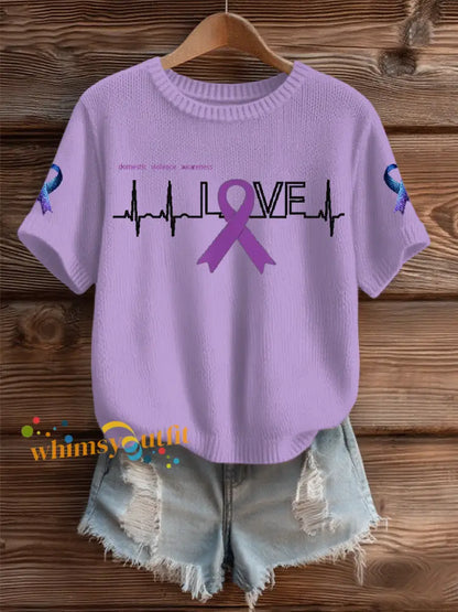 Women’s Domestic violence prevention and treatment Printed short sleeved sweater Light Purple / S