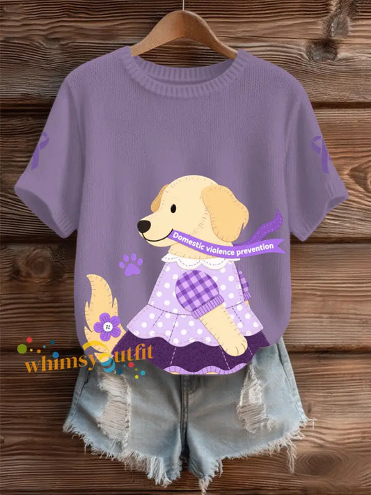 Women’s Domestic violence prevention and treatment Printed short sleeved sweater Purple / S