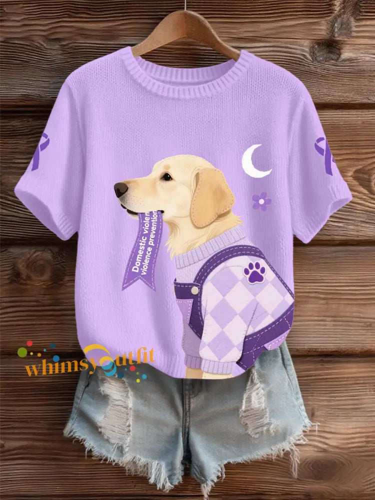 Women’s Domestic violence prevention and treatment Printed short sleeved sweater Purple / S