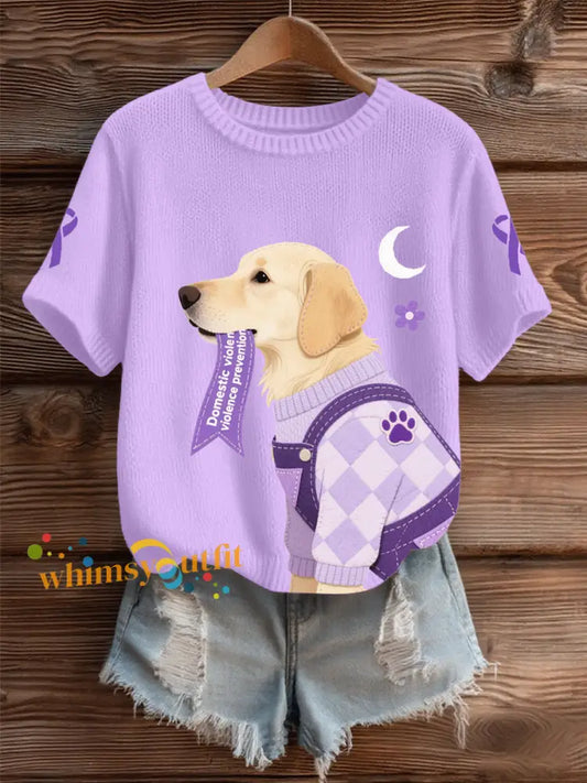 Women’s Domestic violence prevention and treatment Printed short sleeved sweater Purple / S
