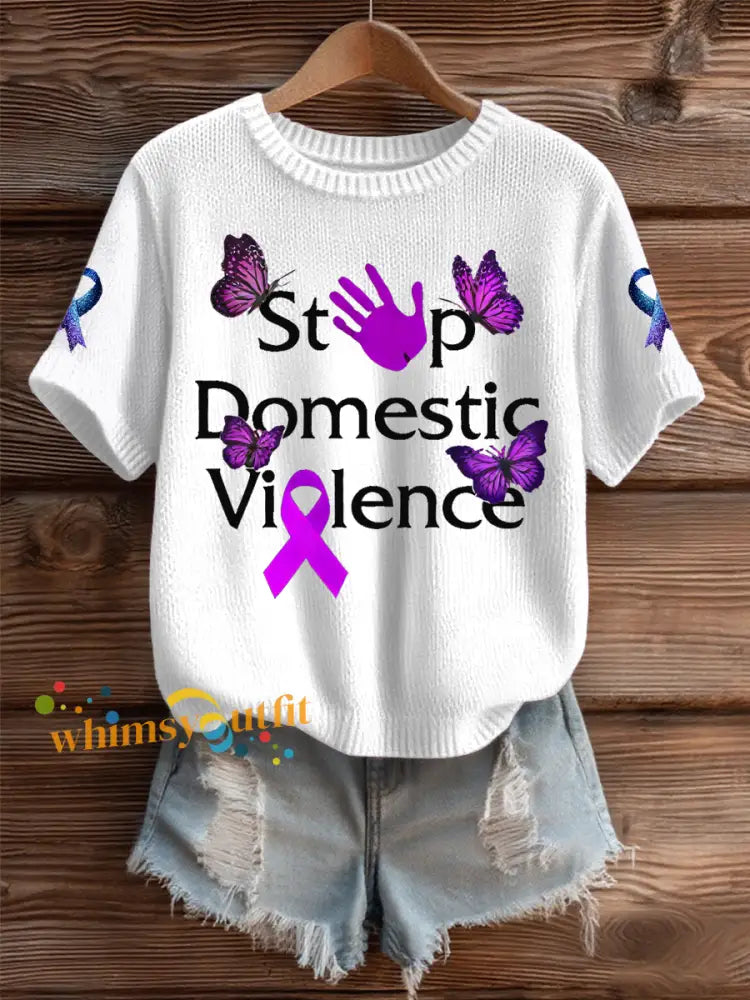 Women’s Domestic violence prevention and treatment Printed short sleeved sweater White / S
