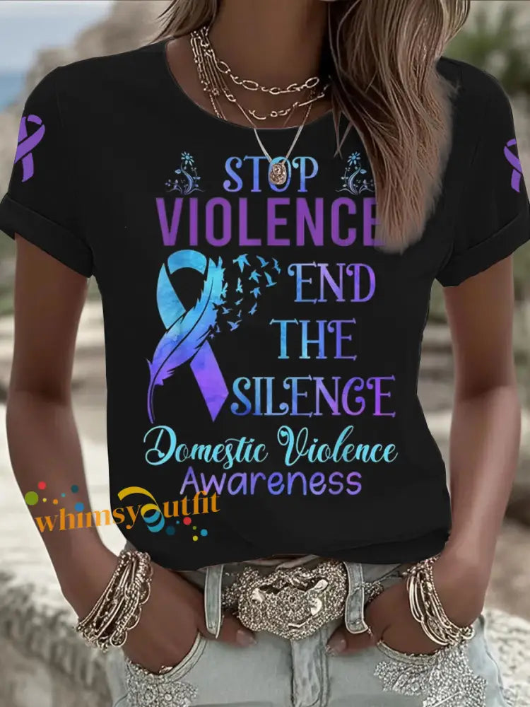 Women’s Domestic violence prevention treatment Printed short sleeved T shirt Black / S