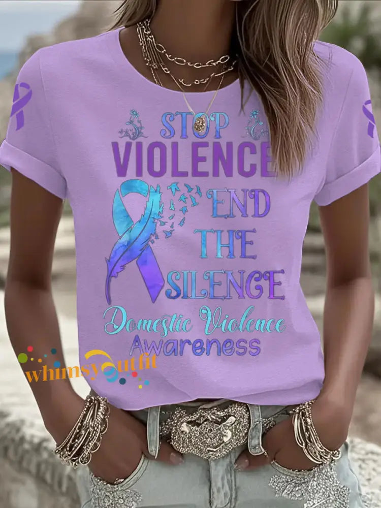 Women’s Domestic violence prevention treatment Printed short sleeved T shirt Light Purple / S