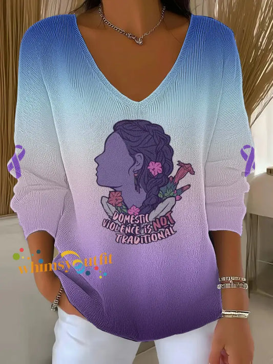 Women’s Domestic violence prevention treatment V Neck Ribbed Top As picture / S