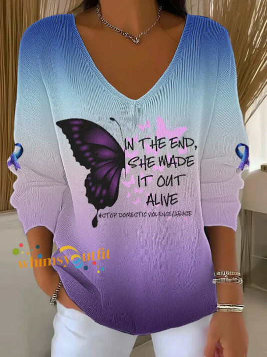 Women’s Domestic violence prevention treatment V Neck Ribbed Top As picture / S