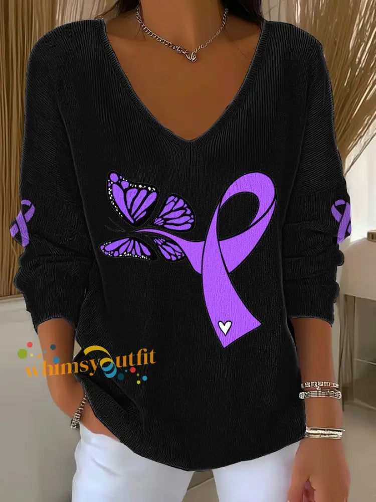 Women’s Domestic violence prevention treatment V Neck Ribbed Top Black / S