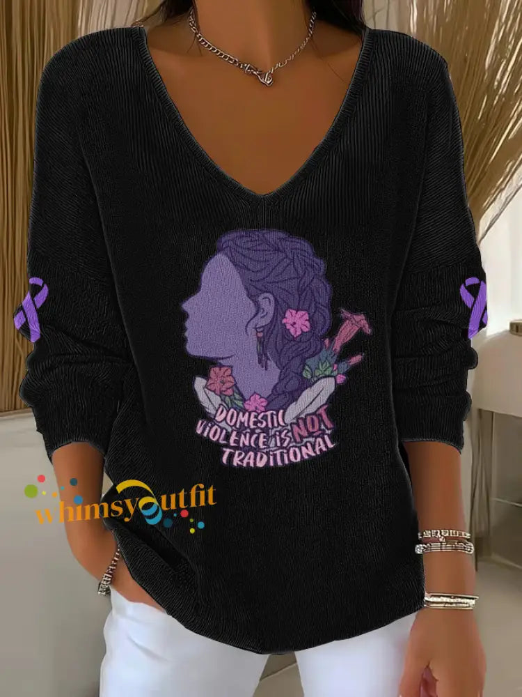 Women’s Domestic violence prevention treatment V Neck Ribbed Top Black / S