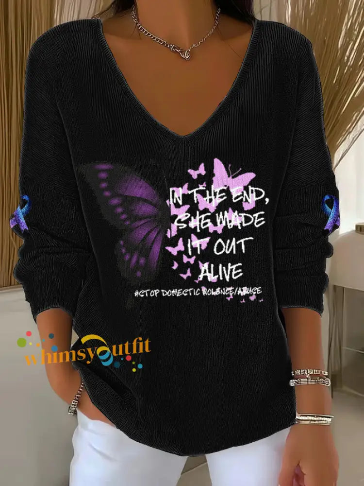 Women’s Domestic violence prevention treatment V Neck Ribbed Top Black / S