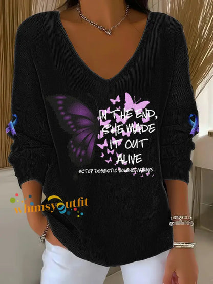 Women’s Domestic violence prevention treatment V Neck Ribbed Top Black / S